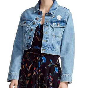 Maje Vavini Denim Jean Blue Jacket Cropped Patch Detail Size M